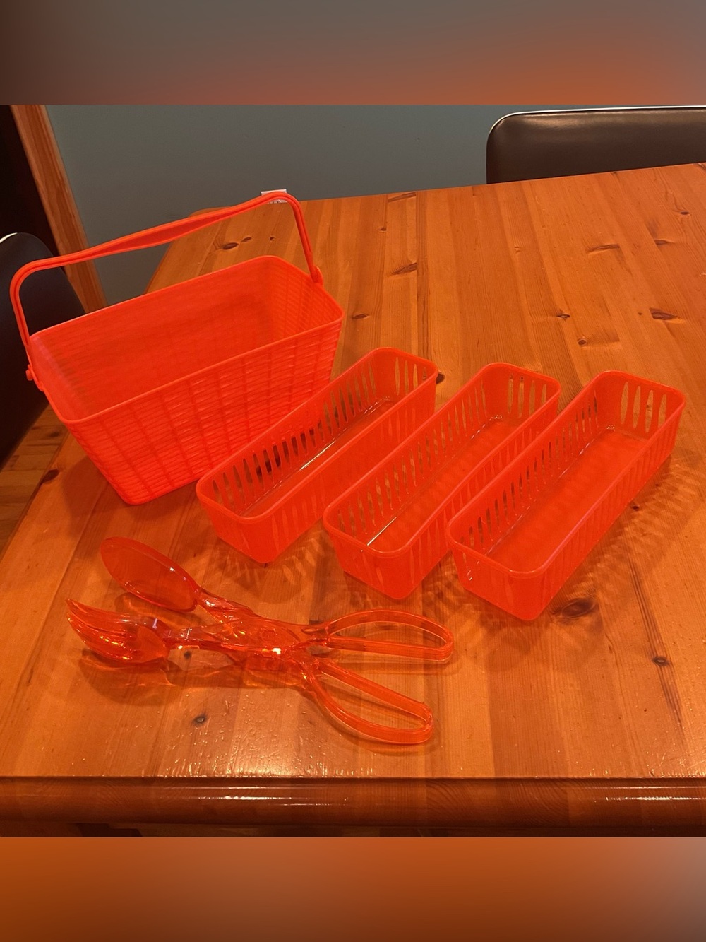VINTAGE HALLOWEEN ORANGE BASKETS FOR PARTIES Y2K FORK SPOON SERVING TONGS OFFICE